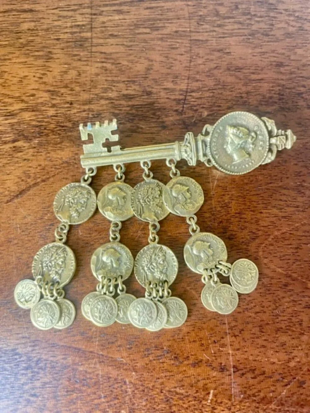 Vintage Rare Corocraft Gold Tone Faux Ancient Coin Dangle Key Statement Brooch